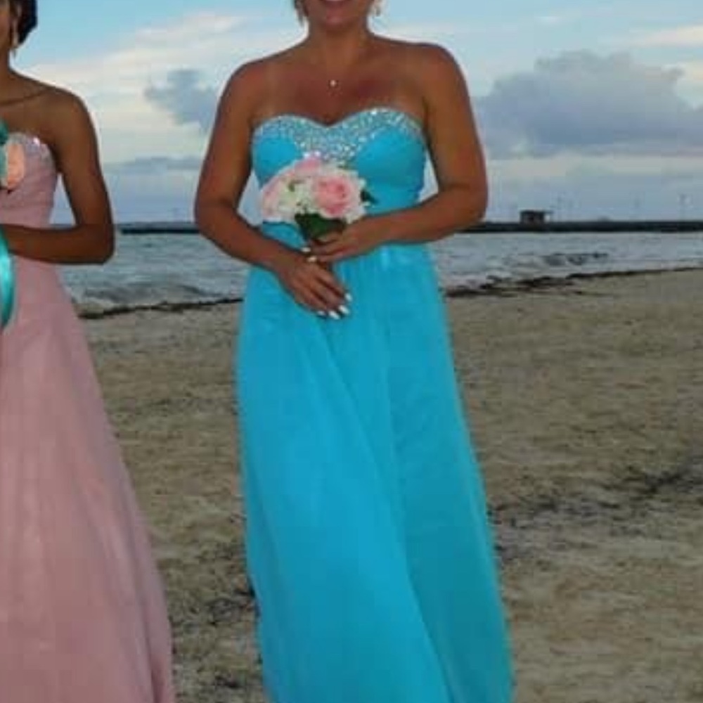Strapless Blue Gown with Embellished Bodice
